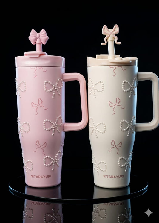 Bigman PearlBow Premium Sitarayuri 40oz Tumbler – Luxury Bow Pearl Insulated Travel Mug with Straw & Handle