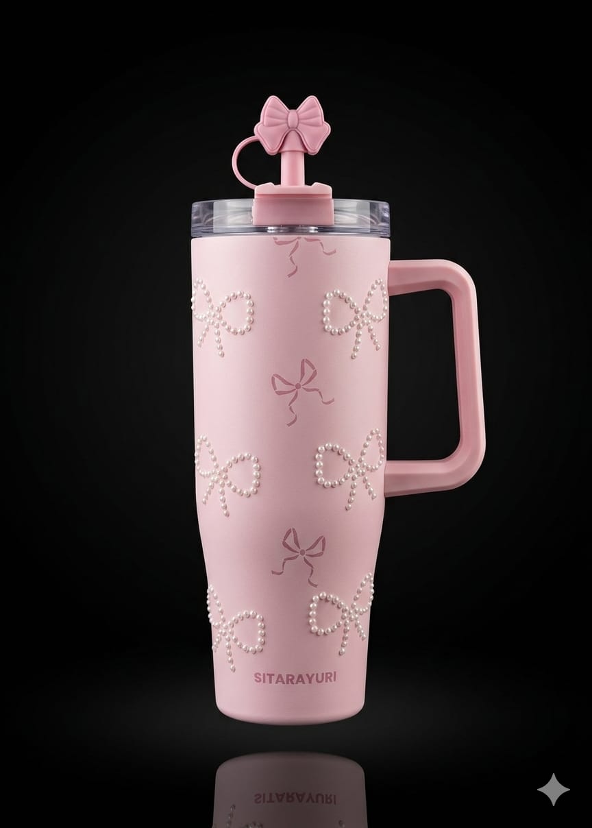 Bigman PearlBow Premium Sitarayuri 40oz Tumbler – Luxury Bow Pearl Insulated Travel Mug with Straw & Handle