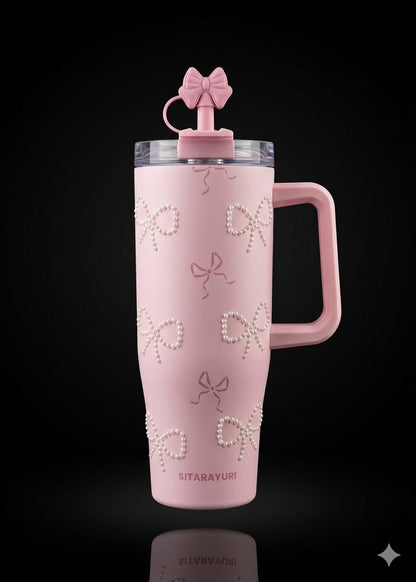 Bigman PearlBow Premium Sitarayuri 40oz Tumbler – Luxury Bow Pearl Insulated Travel Mug with Straw & Handle