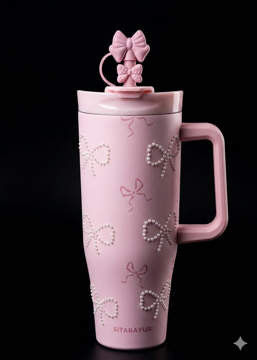 Bigman PearlBow Premium Sitarayuri 40oz Tumbler – Luxury Bow Pearl Insulated Travel Mug with Straw & Handle