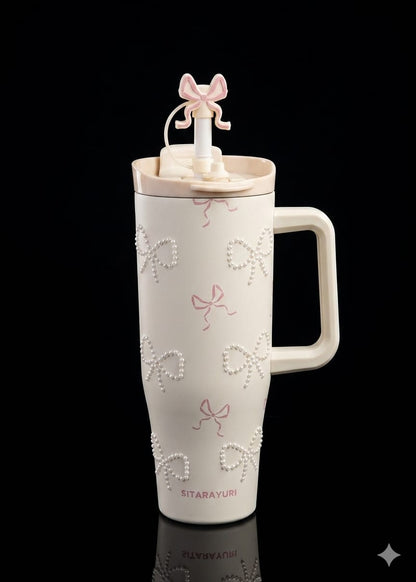 Bigman PearlBow Premium Sitarayuri 40oz Tumbler – Luxury Bow Pearl Insulated Travel Mug with Straw & Handle