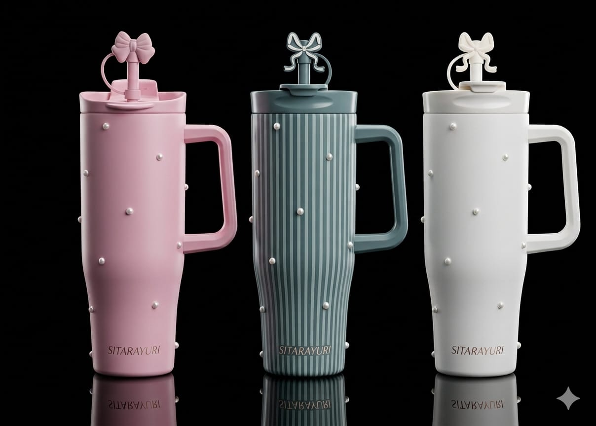 Bigman PearlMist Premium Sitarayuri 40oz Tumbler – Luxury Insulated Travel Mug with Pearl Details, Straw & Handle