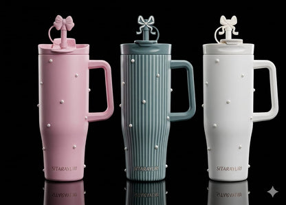 Bigman PearlMist Premium Sitarayuri 40oz Tumbler – Luxury Insulated Travel Mug with Pearl Details, Straw & Handle