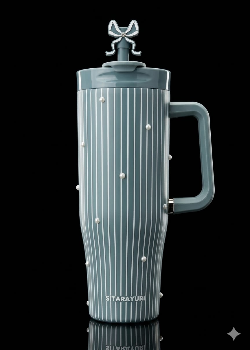 Bigman PearlMist Premium Sitarayuri 40oz Tumbler – Luxury Insulated Travel Mug with Pearl Details, Straw & Handle