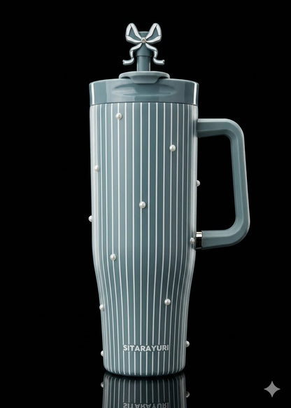 Bigman PearlMist Premium Sitarayuri 40oz Tumbler – Luxury Insulated Travel Mug with Pearl Details, Straw & Handle
