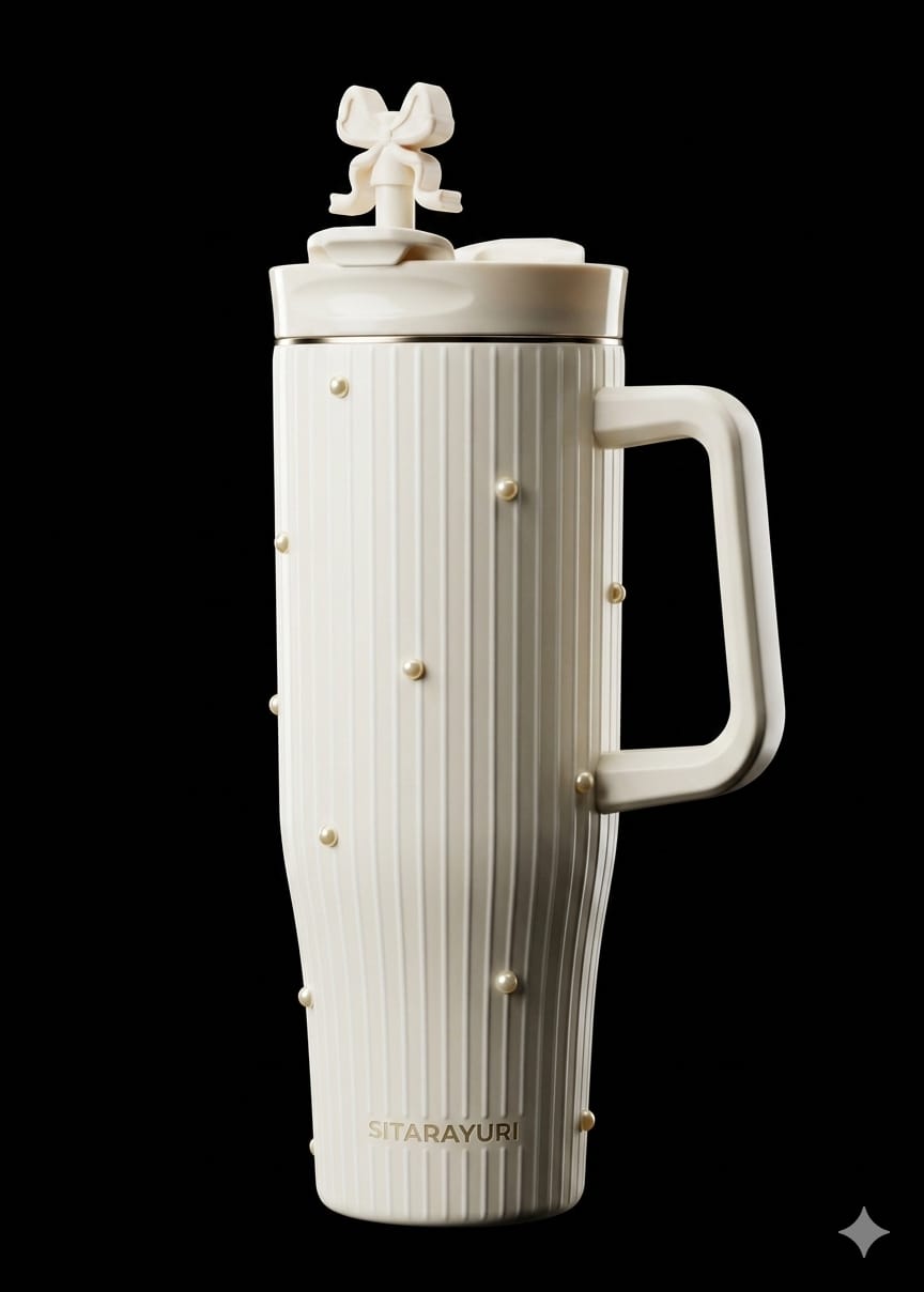 Bigman PearlMist Premium Sitarayuri 40oz Tumbler – Luxury Insulated Travel Mug with Pearl Details, Straw & Handle