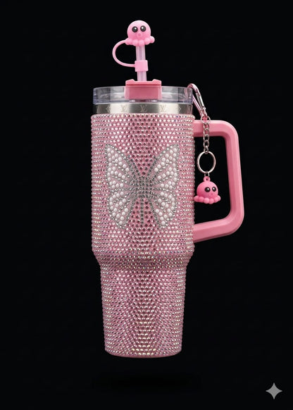 Bigman ButterflyBliss 40oz Rhinestone Insulated Tumbler with Handle & Straw | Luxury Butterfly Bling Stainless Steel Travel Mug