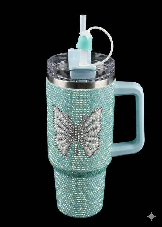 Bigman ButterflyBliss 40oz Rhinestone Insulated Tumbler with Handle & Straw | Luxury Butterfly Bling Stainless Steel Travel Mug