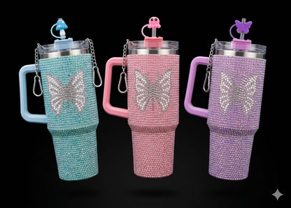 Bigman ButterflyBliss 40oz Rhinestone Insulated Tumbler with Handle & Straw | Luxury Butterfly Bling Stainless Steel Travel Mug