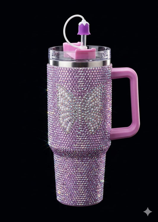 Bigman ButterflyBliss 40oz Rhinestone Insulated Tumbler with Handle & Straw | Luxury Butterfly Bling Stainless Steel Travel Mug