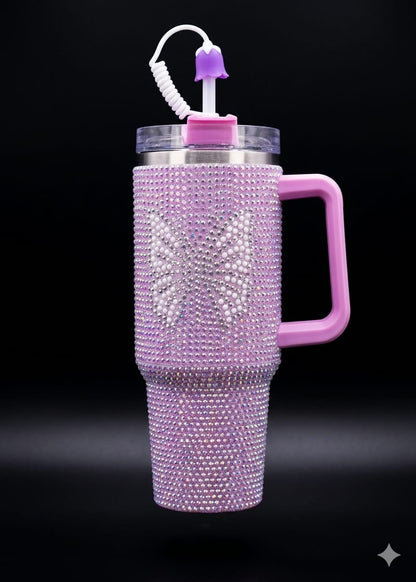 Bigman ButterflyBliss 40oz Rhinestone Insulated Tumbler with Handle & Straw | Luxury Butterfly Bling Stainless Steel Travel Mug
