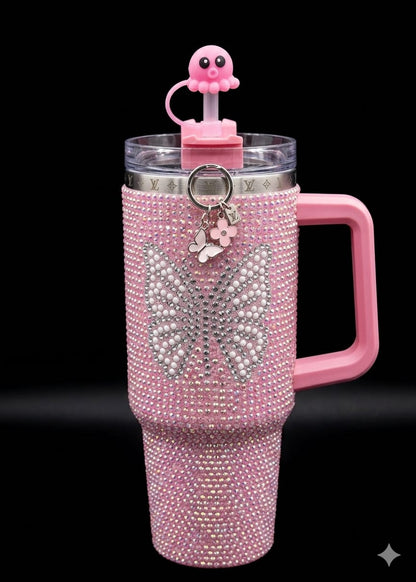 Bigman ButterflyBliss 40oz Rhinestone Insulated Tumbler with Handle & Straw | Luxury Butterfly Bling Stainless Steel Travel Mug