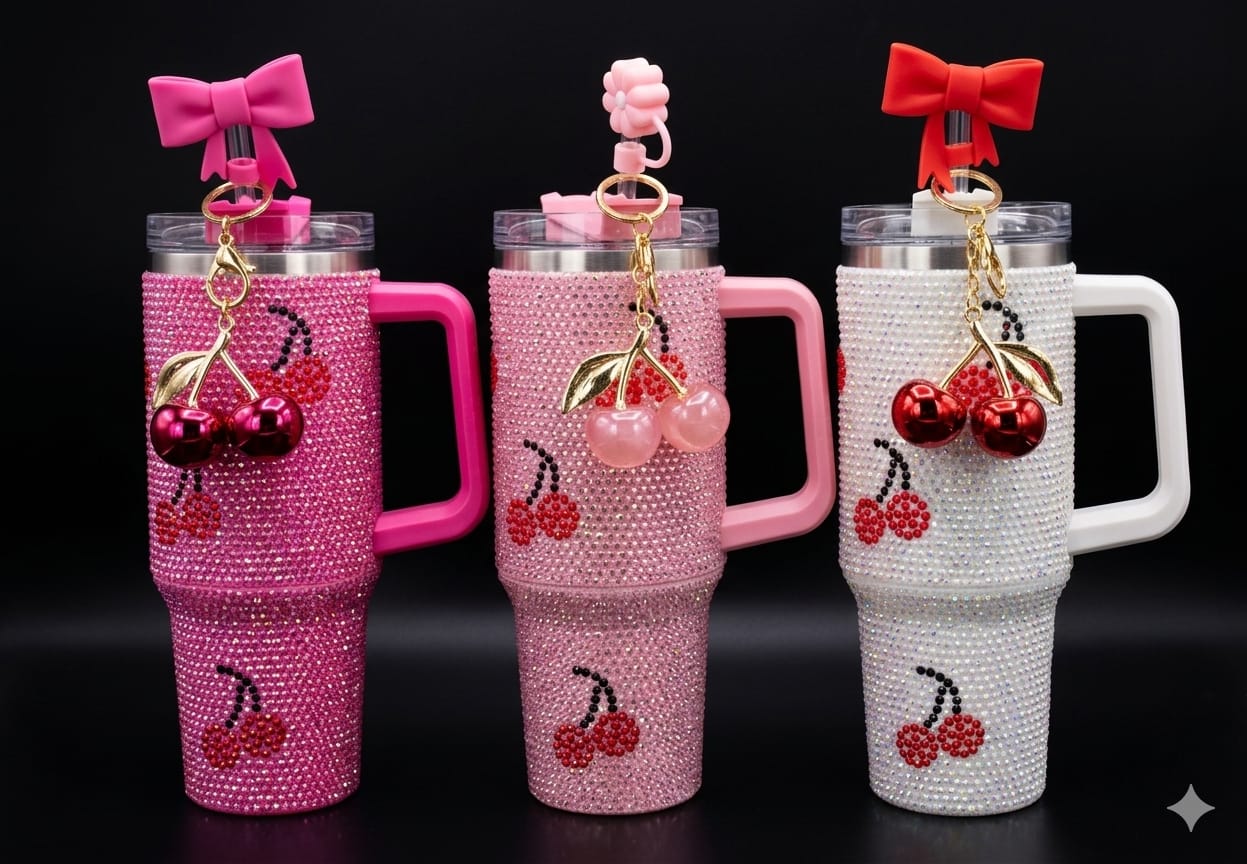 Bigman CrystalCherry Premium 40oz Rhinestone Insulated Tumbler with Handle & Straw | Luxury Bling Stainless Steel Travel Mug
