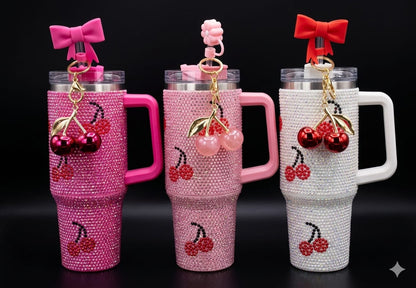 Bigman CrystalCherry Premium 40oz Rhinestone Insulated Tumbler with Handle & Straw | Luxury Bling Stainless Steel Travel Mug
