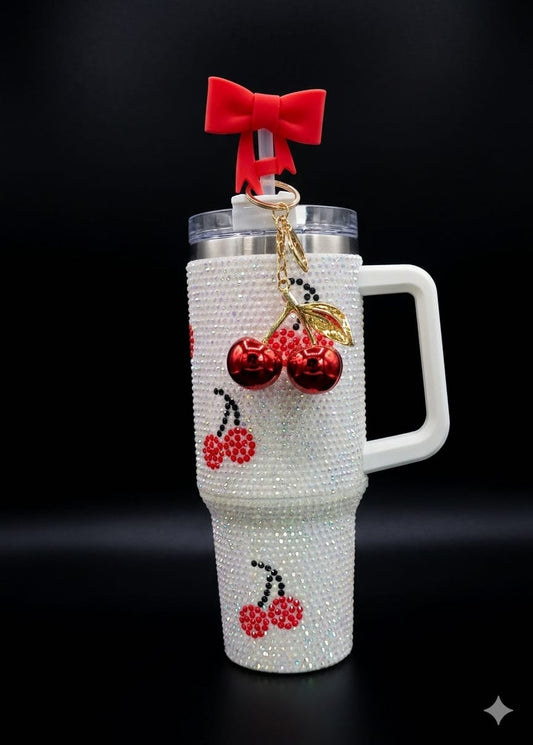 Bigman CrystalCherry Premium 40oz Rhinestone Insulated Tumbler with Handle & Straw | Luxury Bling Stainless Steel Travel Mug