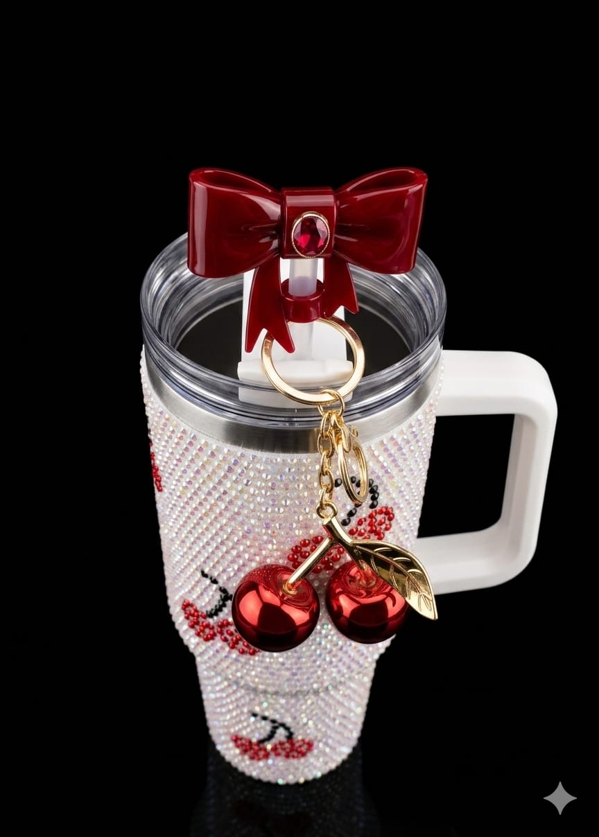 Bigman CrystalCherry Premium 40oz Rhinestone Insulated Tumbler with Handle & Straw | Luxury Bling Stainless Steel Travel Mug