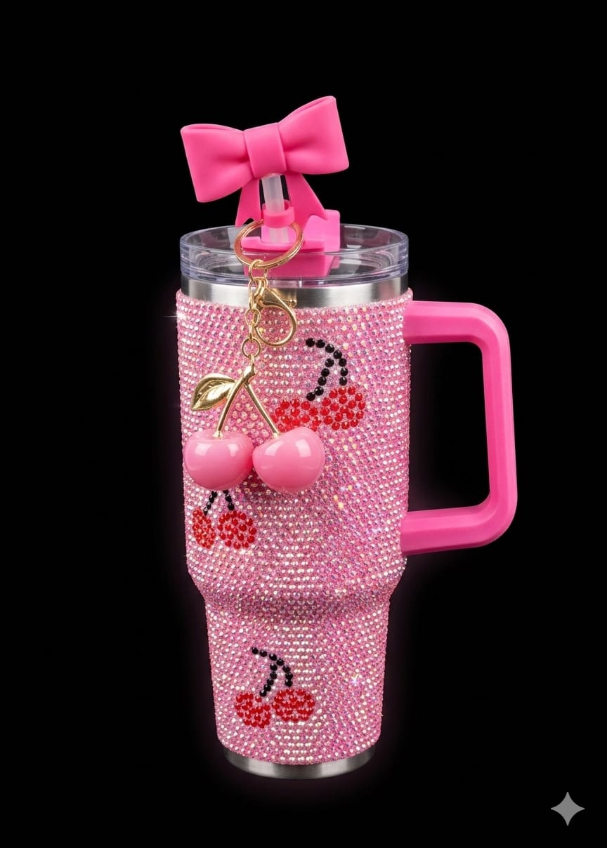 Bigman CrystalCherry Premium 40oz Rhinestone Insulated Tumbler with Handle & Straw | Luxury Bling Stainless Steel Travel Mug