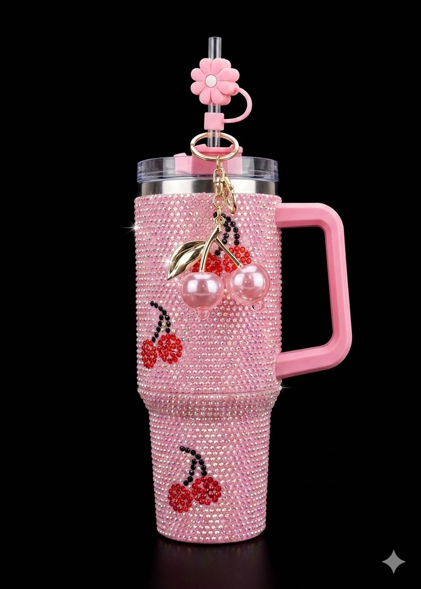Bigman CrystalCherry Premium 40oz Rhinestone Insulated Tumbler with Handle & Straw | Luxury Bling Stainless Steel Travel Mug