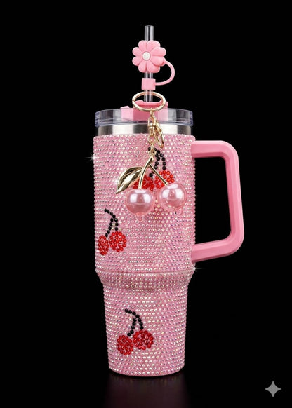 Bigman CrystalCherry Premium 40oz Rhinestone Insulated Tumbler with Handle & Straw | Luxury Bling Stainless Steel Travel Mug