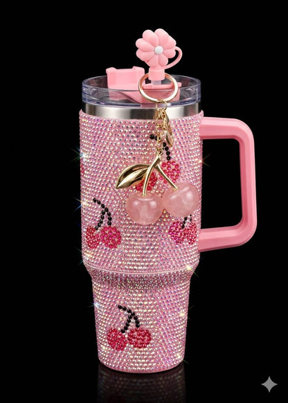 Bigman CrystalCherry Premium 40oz Rhinestone Insulated Tumbler with Handle & Straw | Luxury Bling Stainless Steel Travel Mug