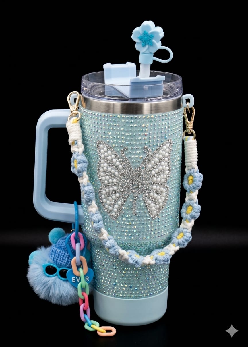 Bigman ButterflyAura Luxe 40oz Rhinestone Insulated Tumbler with Accessories | Luxury Butterfly Bling Stainless Steel Travel Mug with Handle & Straw