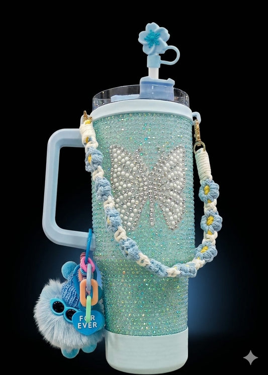 Bigman ButterflyAura Luxe 40oz Rhinestone Insulated Tumbler with Accessories | Luxury Butterfly Bling Stainless Steel Travel Mug with Handle & Straw