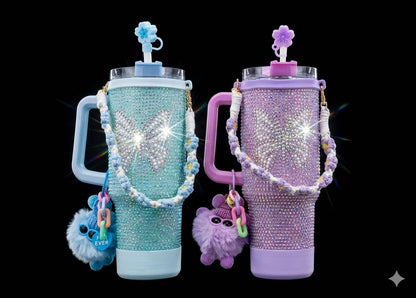 Bigman ButterflyAura Luxe 40oz Rhinestone Insulated Tumbler with Accessories | Luxury Butterfly Bling Stainless Steel Travel Mug with Handle & Straw