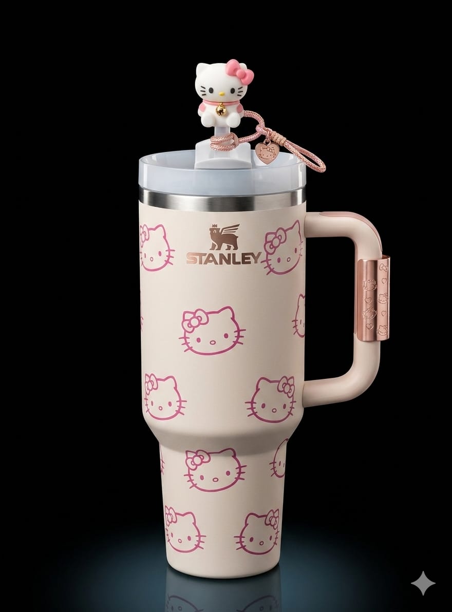 Bigman KittyGlow Tumbler – Premium Vacuum Insulated Travel Mug with Handle & Straw | Cute Kitty Collection | Hot & Cold Drink Tumbler