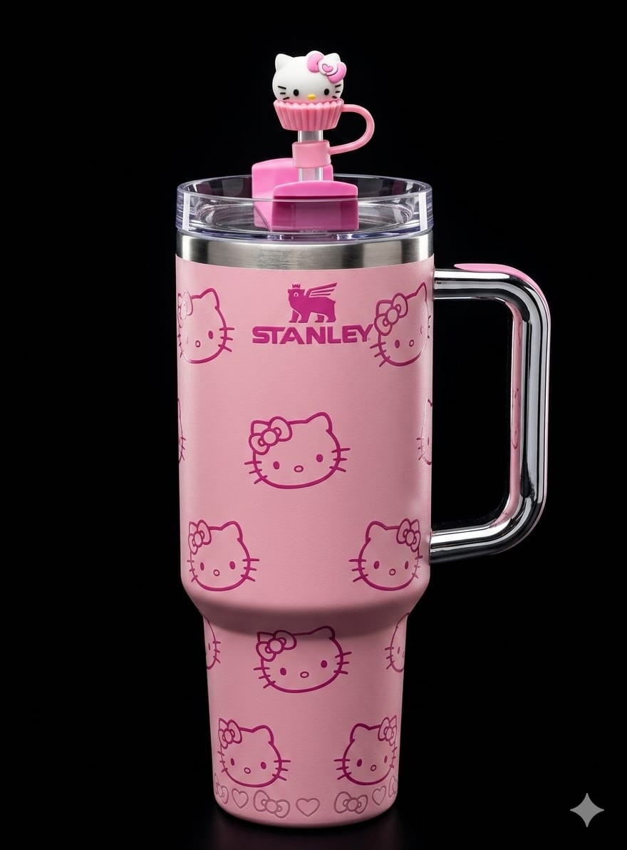Bigman KittyGlow Tumbler – Premium Vacuum Insulated Travel Mug with Handle & Straw | Cute Kitty Collection | Hot & Cold Drink Tumbler