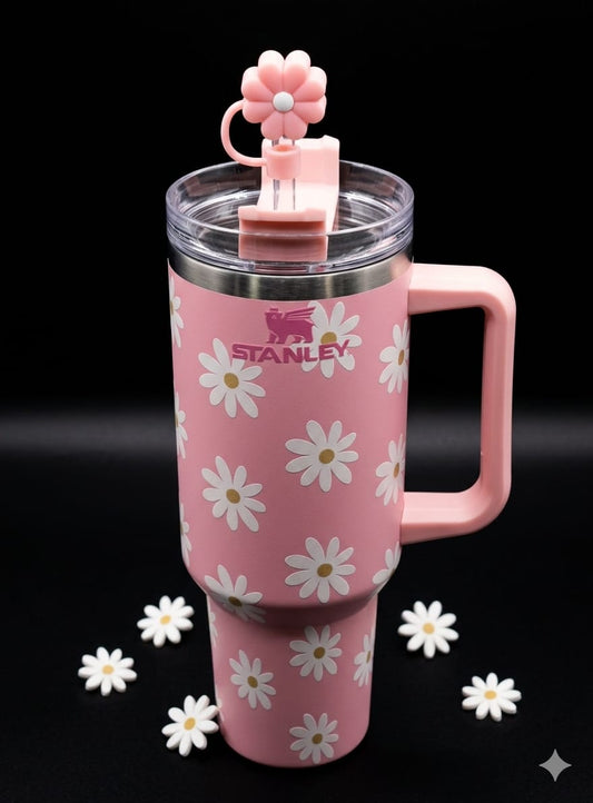 Bigman DaisyGlow Tumbler – Premium Vacuum Insulated Travel Mug with Handle & Straw | Floral Daisy Collection | Hot & Cold Drink Tumbler