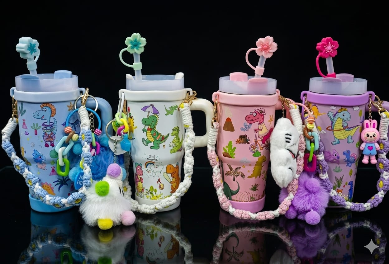 Bigman DinoCharm Luxe 14oz Insulated Kids Tumbler with Accessories | Leak-Proof Straw Cup | Cute Dinosaur Design | Portable Handle Mug