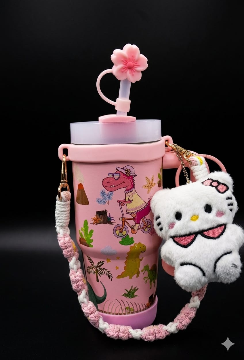 Bigman DinoCharm Luxe 14oz Insulated Kids Tumbler with Accessories | Leak-Proof Straw Cup | Cute Dinosaur Design | Portable Handle Mug