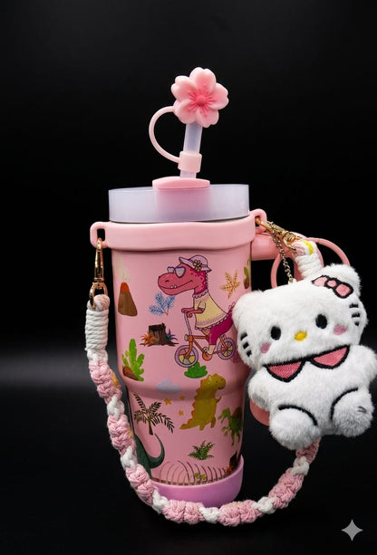 Bigman DinoCharm Luxe 14oz Insulated Kids Tumbler with Accessories | Leak-Proof Straw Cup | Cute Dinosaur Design | Portable Handle Mug