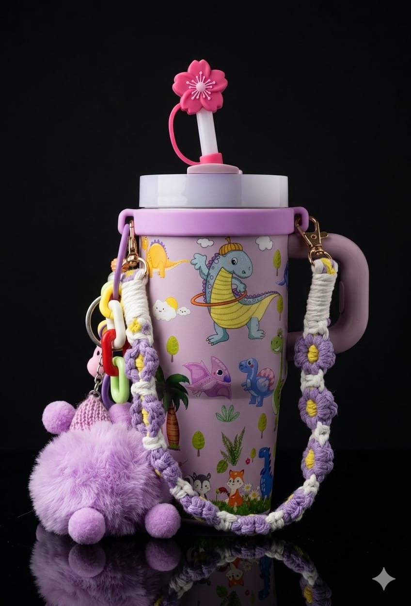 Bigman DinoCharm Luxe 14oz Insulated Kids Tumbler with Accessories | Leak-Proof Straw Cup | Cute Dinosaur Design | Portable Handle Mug