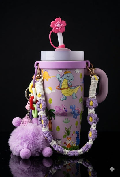 Bigman DinoCharm Luxe 14oz Insulated Kids Tumbler with Accessories | Leak-Proof Straw Cup | Cute Dinosaur Design | Portable Handle Mug