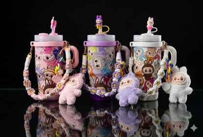 Bigman LabubuCharm Luxe 14oz Insulated Kids Tumbler with Accessories | Leak-Proof Straw Cup | Cute Labubu Character Design | Portable Handle Mug