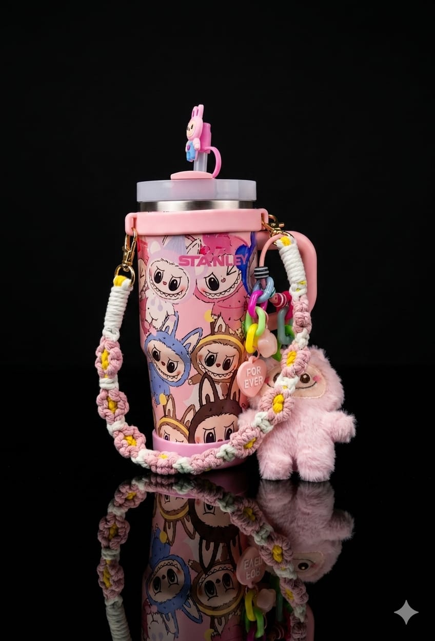 Bigman LabubuCharm Luxe 14oz Insulated Kids Tumbler with Accessories | Leak-Proof Straw Cup | Cute Labubu Character Design | Portable Handle Mug