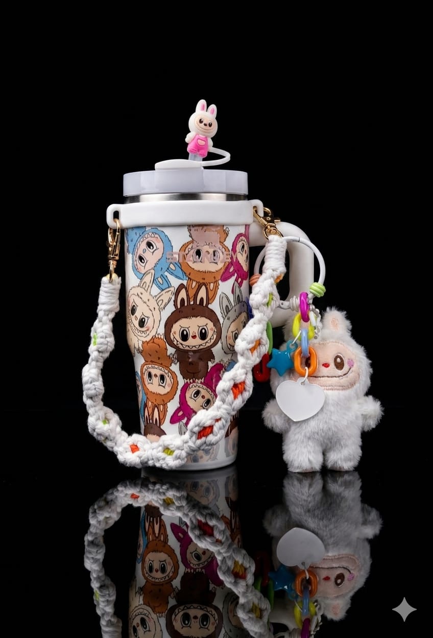 Bigman LabubuCharm Luxe 14oz Insulated Kids Tumbler with Accessories | Leak-Proof Straw Cup | Cute Labubu Character Design | Portable Handle Mug