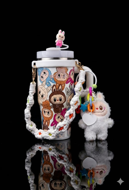 Bigman LabubuCharm Luxe 14oz Insulated Kids Tumbler with Accessories | Leak-Proof Straw Cup | Cute Labubu Character Design | Portable Handle Mug