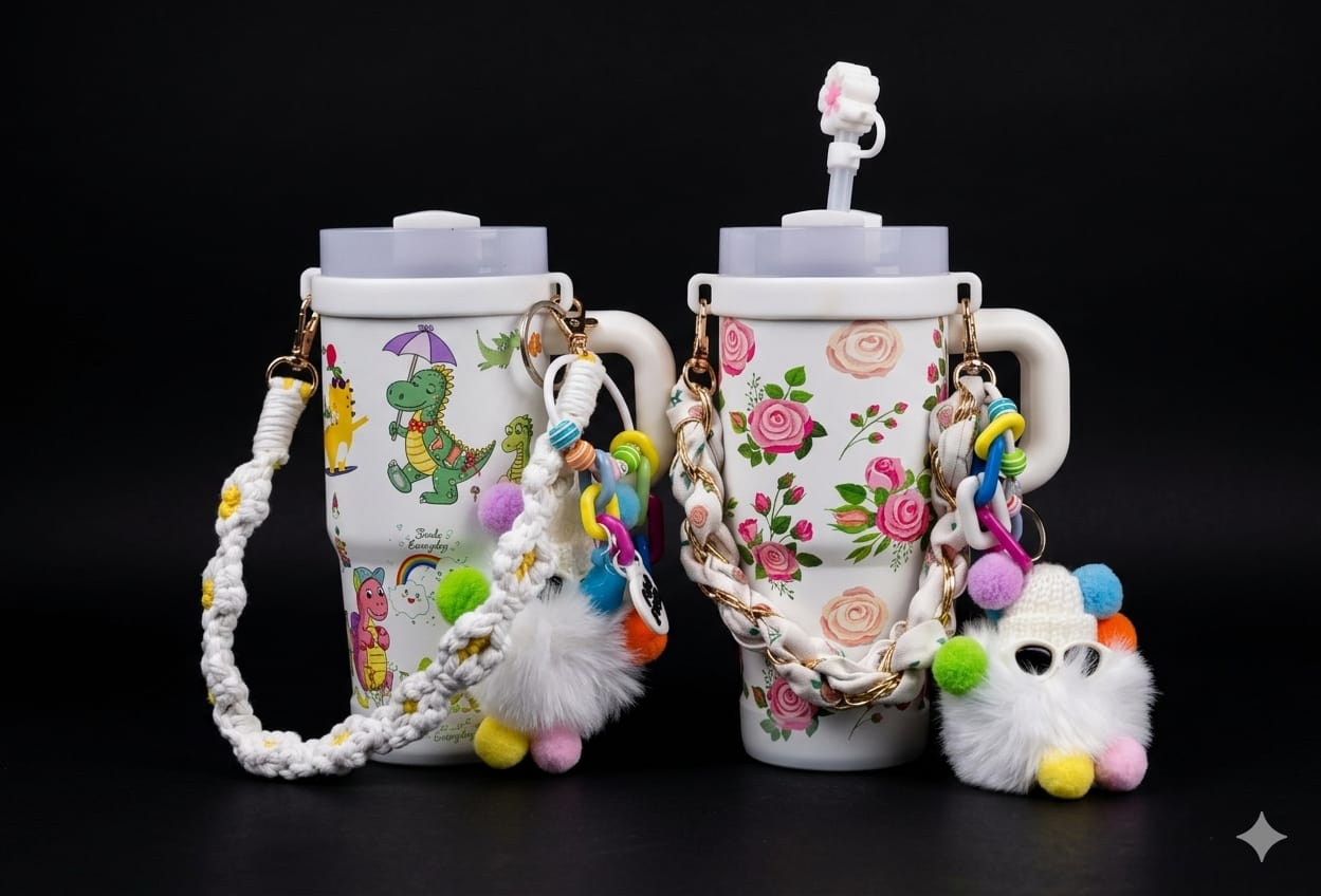 Bigman DinoGarden Luxe 14oz Insulated Kids Tumbler with Accessories |  Straw Cup | Cute Dinosaur Print | Portable Handle Mug with Carry Stra