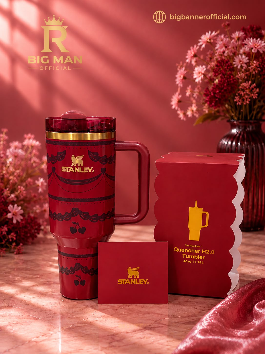 Stanley Red Cherry 40oz Stainless Steel Tumbler with Handle & Straw | Premium Gift Edition