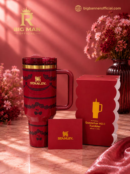 Stanley Red Cherry 40oz Stainless Steel Tumbler with Handle & Straw | Premium Gift Edition