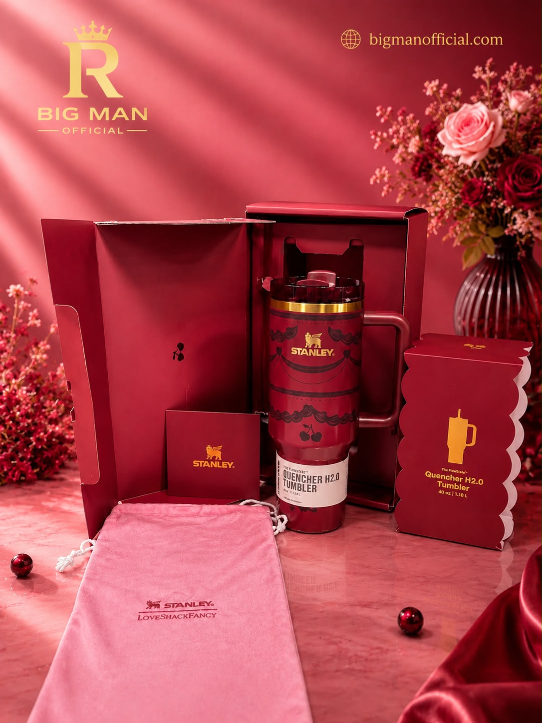 Stanley Red Cherry 40oz Stainless Steel Tumbler with Handle & Straw | Premium Gift Edition