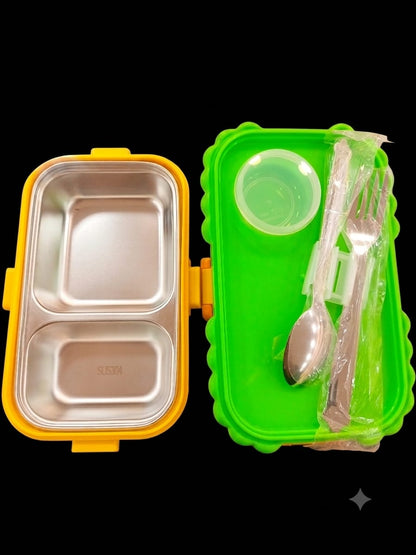 Kids 2-Compartment Lunch Box with Stainless Steel Tray, Spoon & Fork