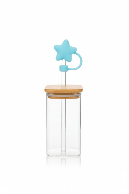 Square Glass Tumbler with Bamboo Lid & Star Straw Cover