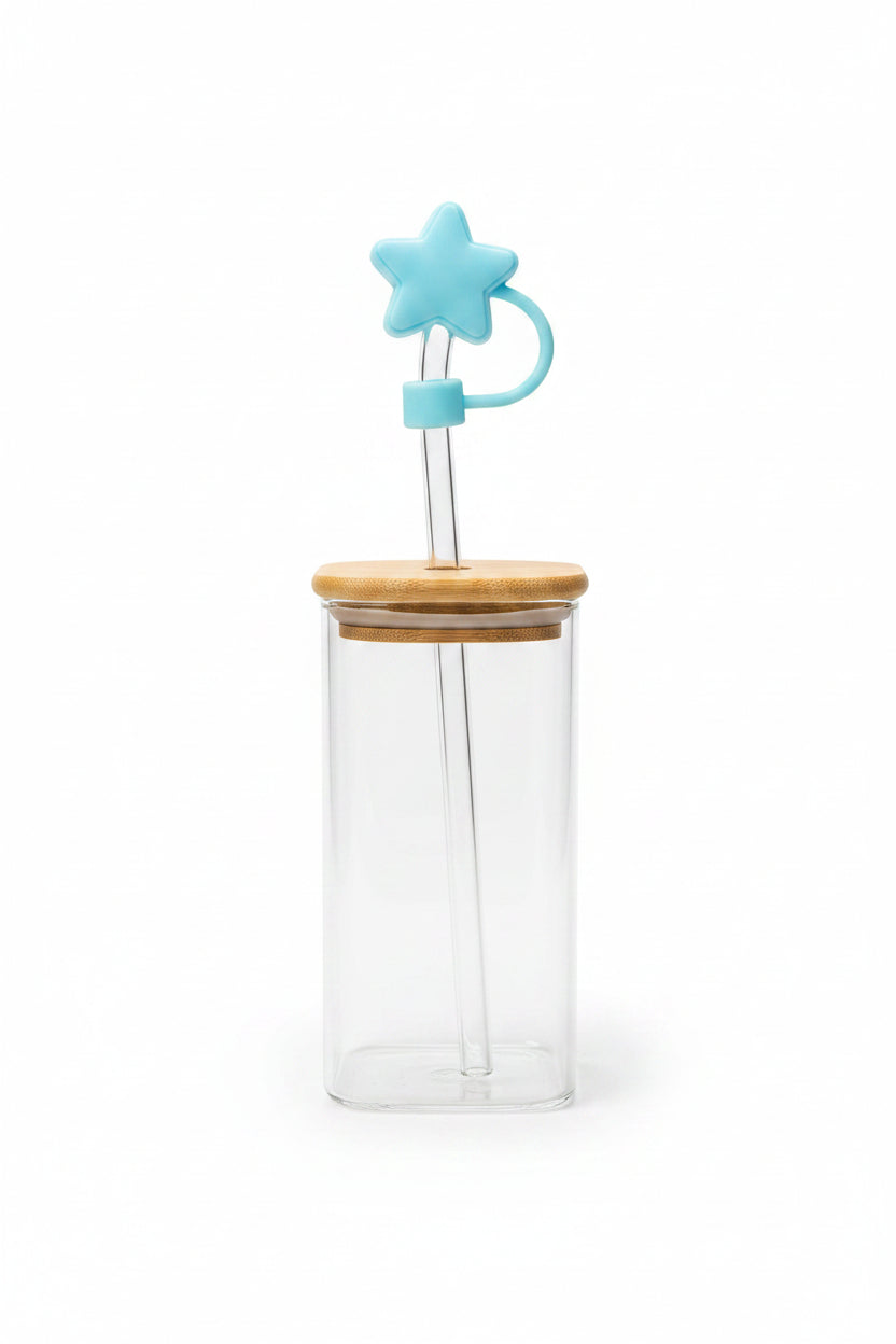 Square Glass Tumbler with Bamboo Lid & Star Straw Cover