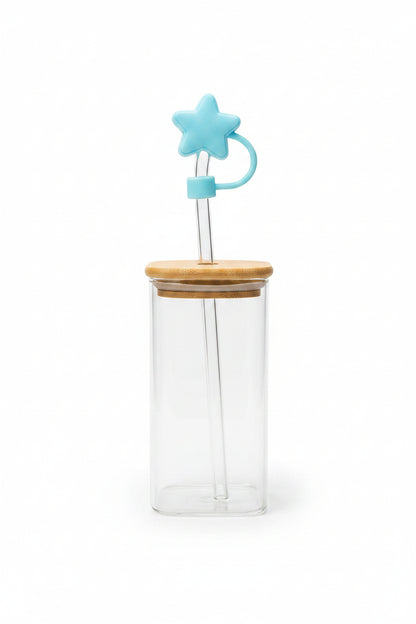 Square Glass Tumbler with Bamboo Lid & Star Straw Cover