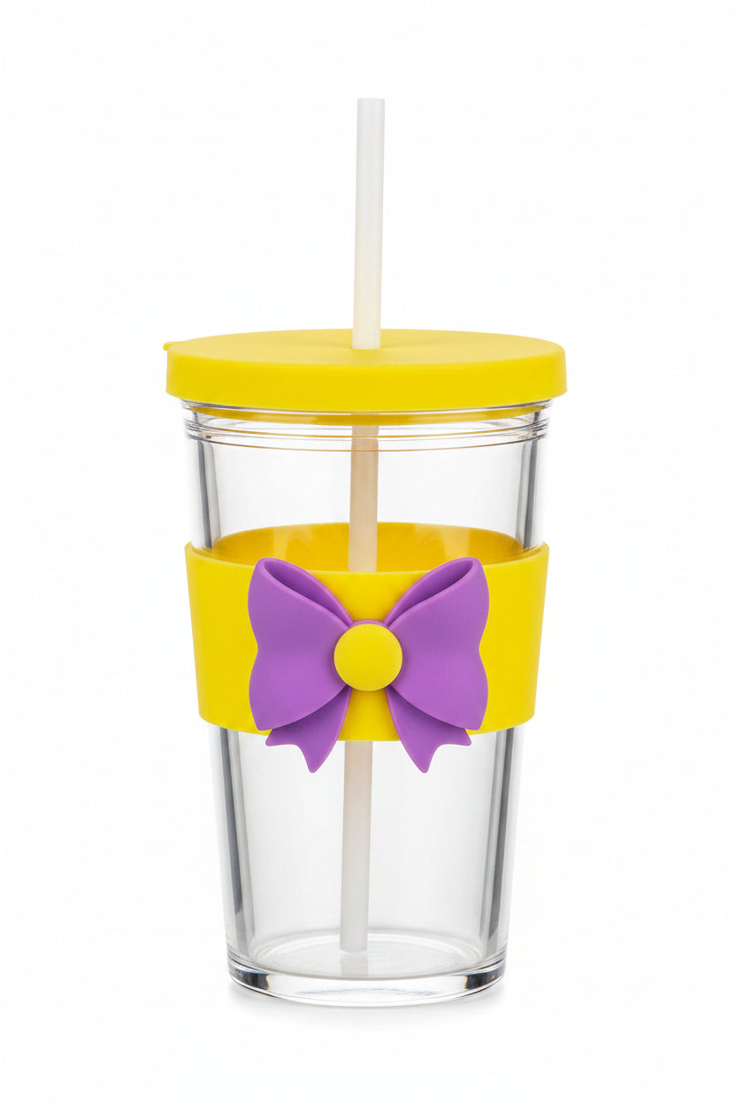 Cute Bowknot Glass Tumbler with Straw & Silicone Sleeve