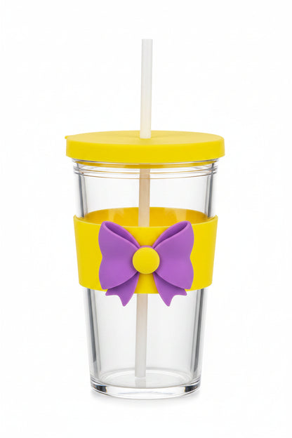 Cute Bowknot Glass Tumbler with Straw & Silicone Sleeve