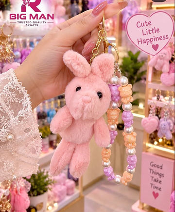 Fluffy Pink Bunny & Beaded Bear Charm Keychain